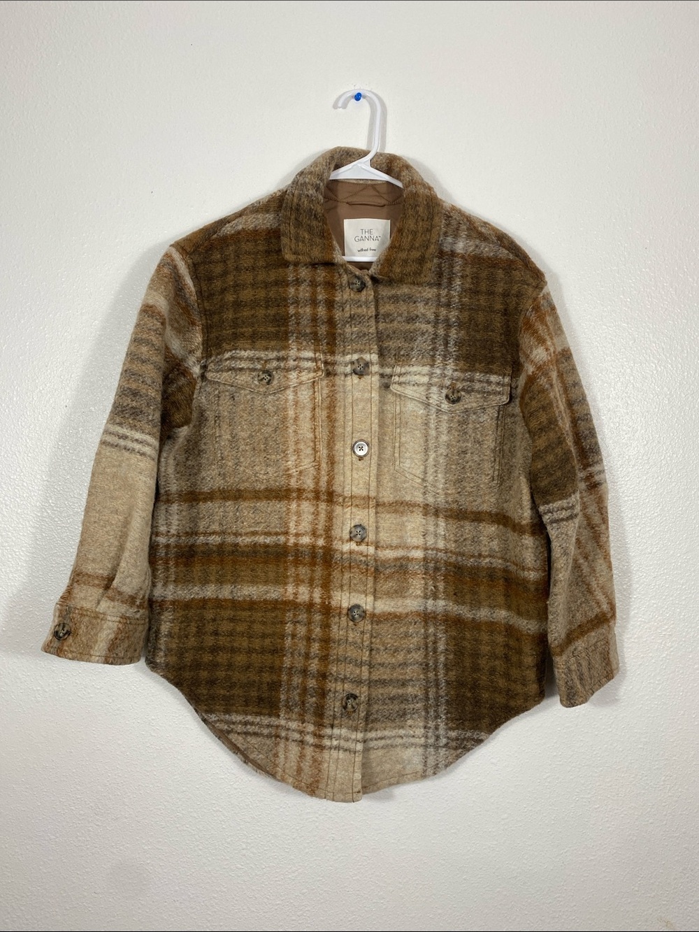 Aritzia Wilfred Ganna Brown and Cream Plaid Teddy Shacket Size M 75% Wool Laine - Picture 4 of 16